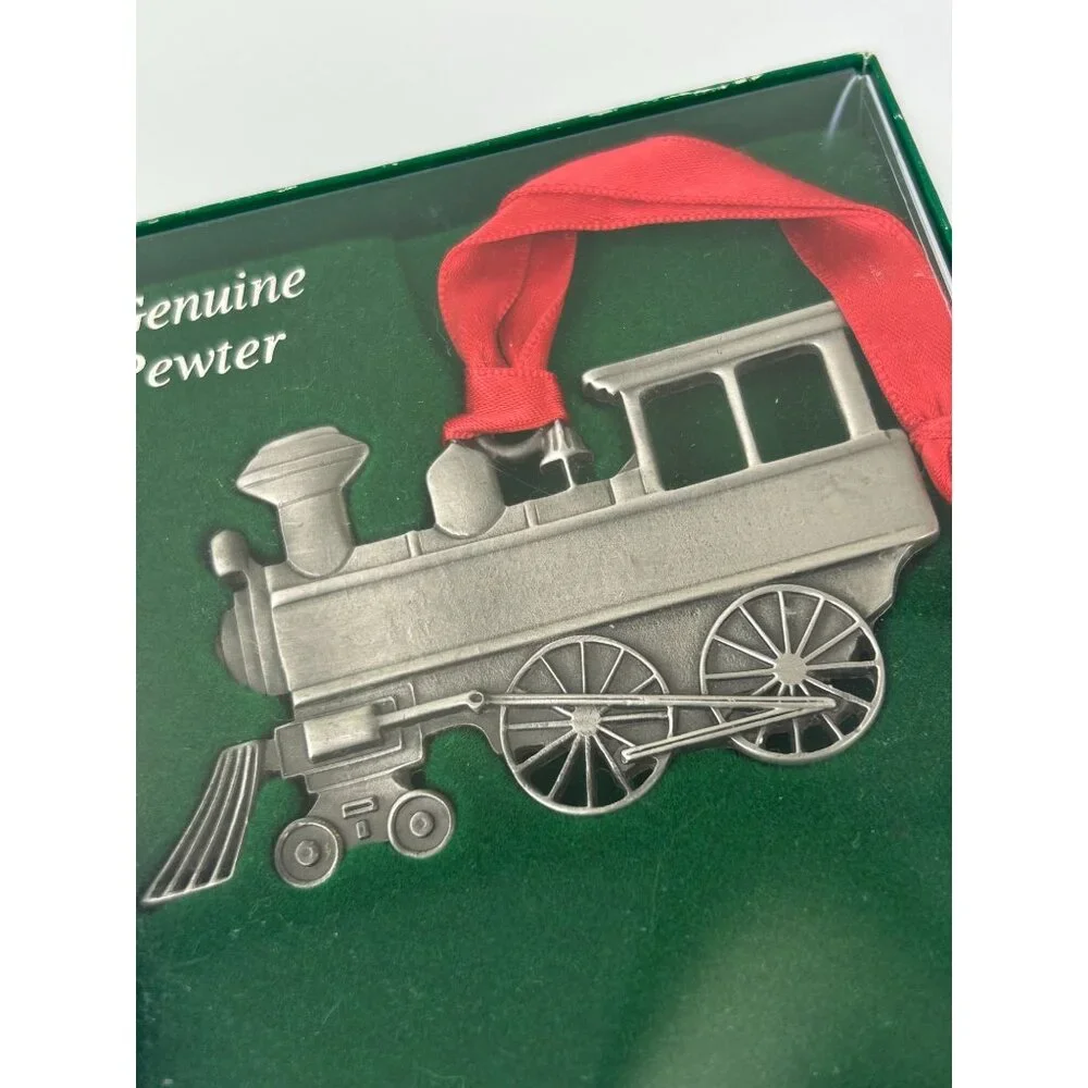 Genuine Pewter Train Christmas Ornament Holiday Tree Decor Red Ribbon VTG USA